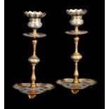 A pair of French gilt metal and champlevé enamel candlesticks in the Orientalist taste, final