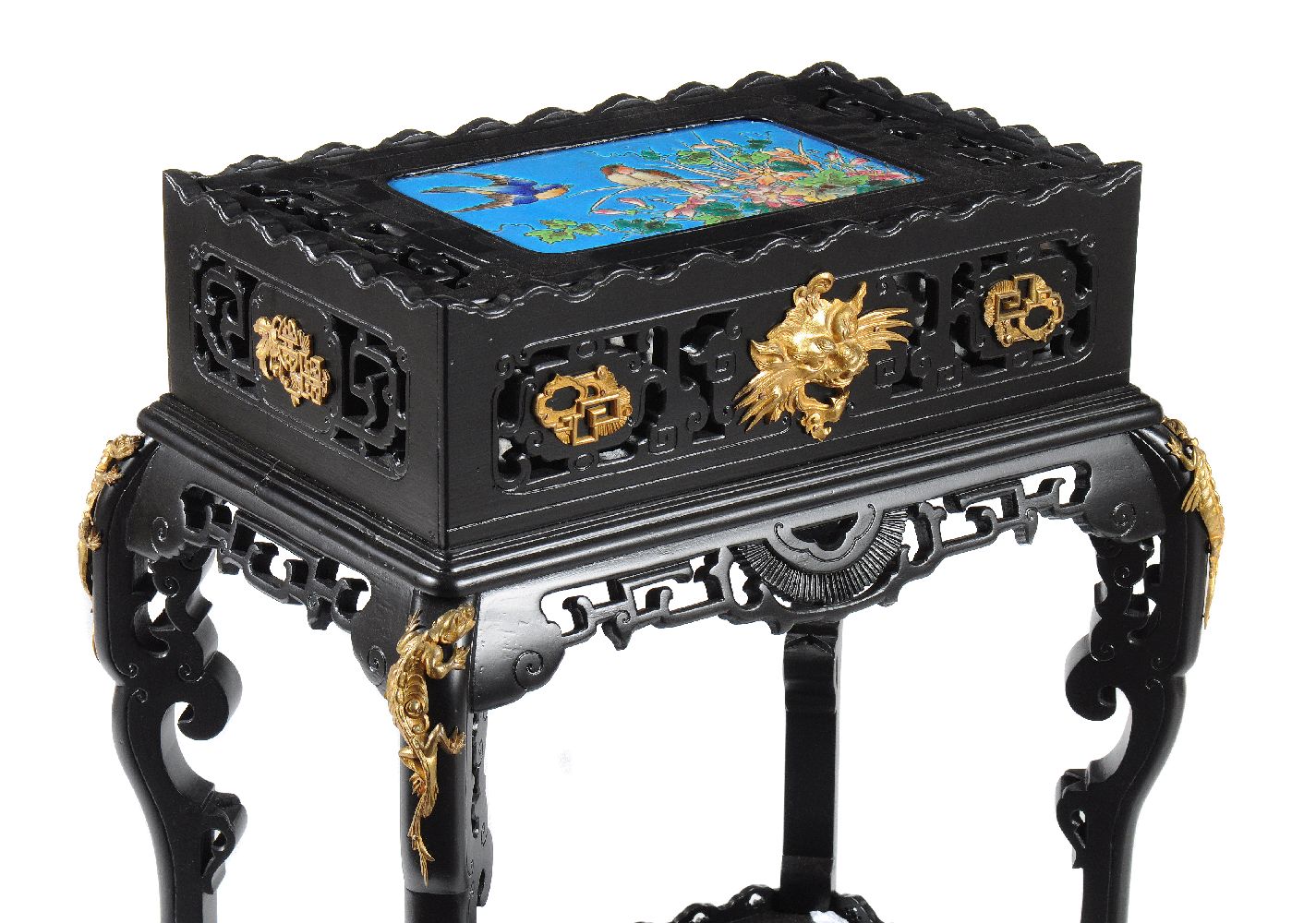 A French Aesthetic Movement ebonised gilt bronze mounted and ceramic jardinière, in Japonisme taste, - Image 5 of 6