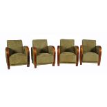 Two pairs of green suede upholstered arm chairs in Art Deco style, late 20th century, each 82cm