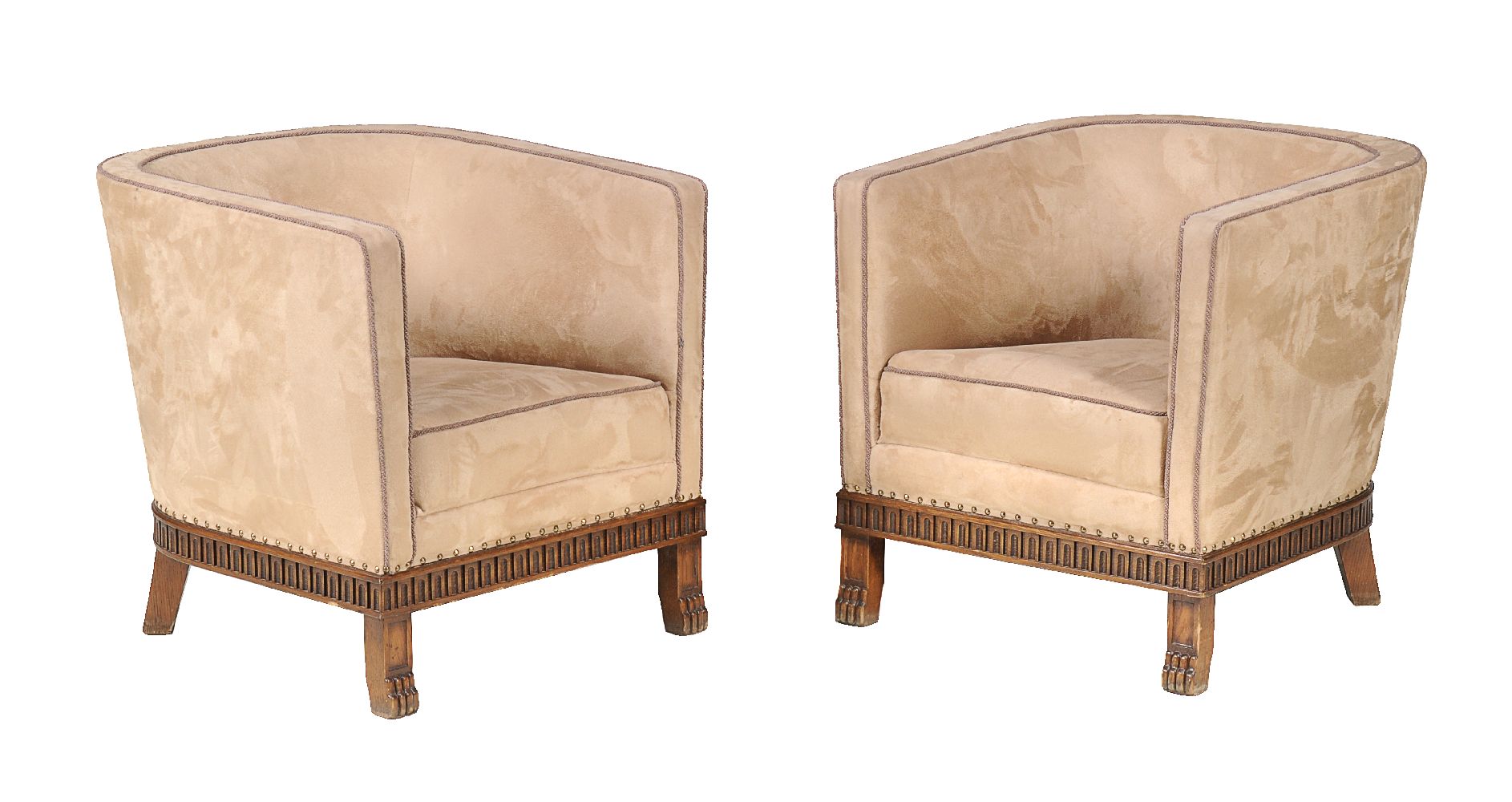 A pair of suede style upholstered tub armchairs