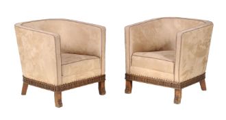A pair of suede style upholstered tub armchairs