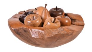 A collection of seven turned wood models of fruit