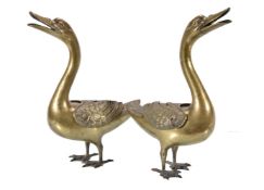 A Pair of Cast Bronze Incense Burners modelled as Geese