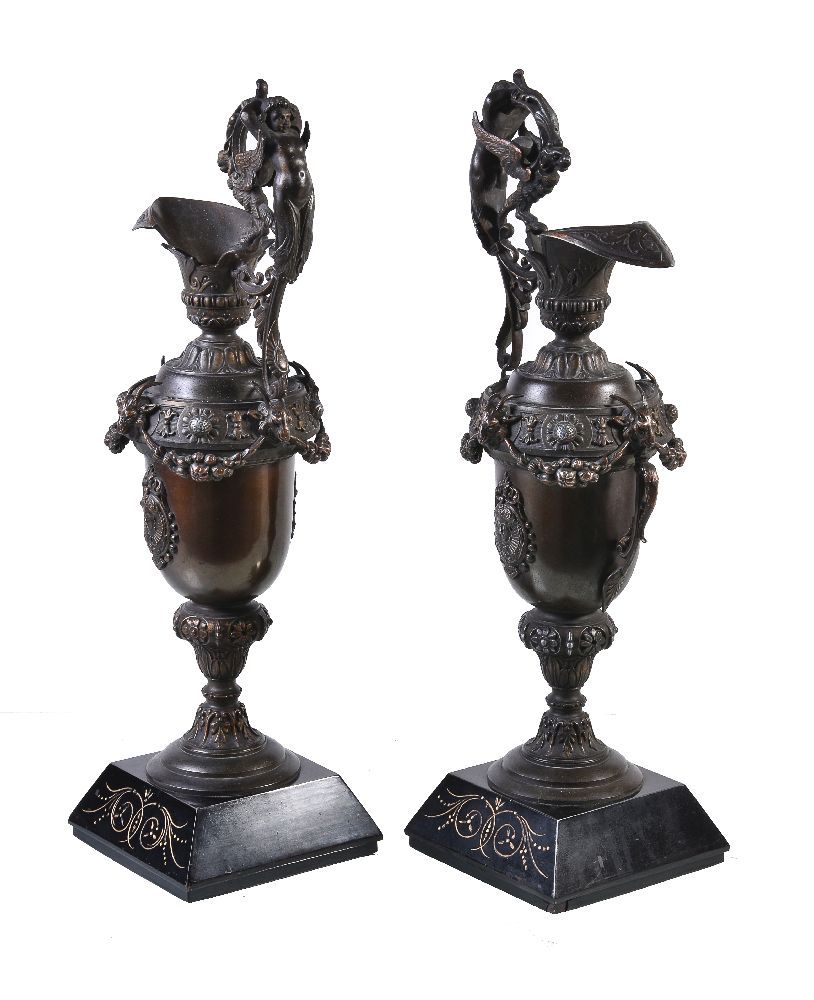 A pair of French patinated metal and marmo nero Belgio mounted ewers in Renaissance Revival taste - Image 2 of 7