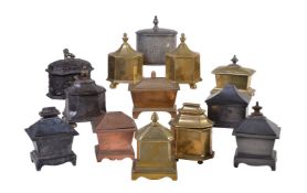 A collection of thirteen assorted metal tobacco boxes and covers