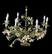 An Italian painted, pressed and wrought metal eight light chandelier