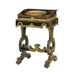 A Victorian ebonised, painted, and parcel gilt papier-mache writing box on stand