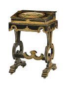 A Victorian ebonised, painted, and parcel gilt papier-mache writing box on stand
