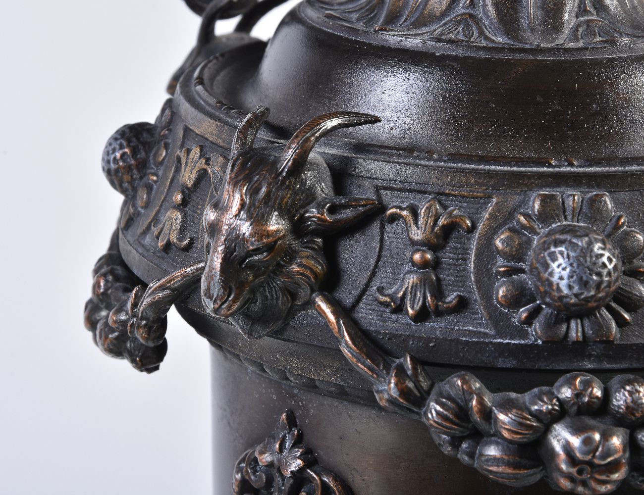 A pair of French patinated metal and marmo nero Belgio mounted ewers in Renaissance Revival taste - Image 7 of 7
