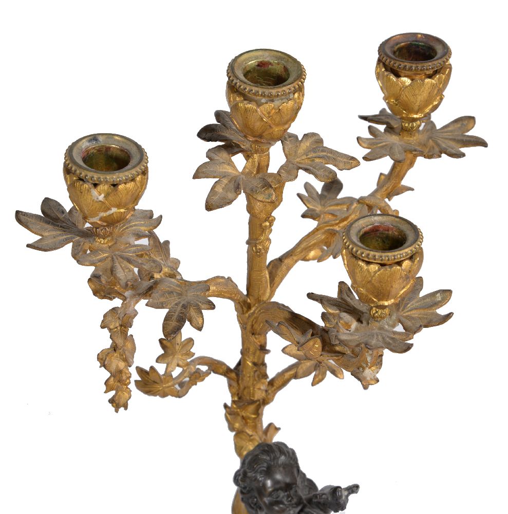 A pair of gilt and patinated metal and white marble mounted four light figural candelabra - Image 5 of 5