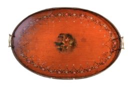 A Sheraton style gilt metal mounted and polychrome painted satinwood twin handled tray