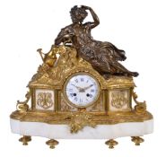 A French bronze, white marble and ormolu mantel clock