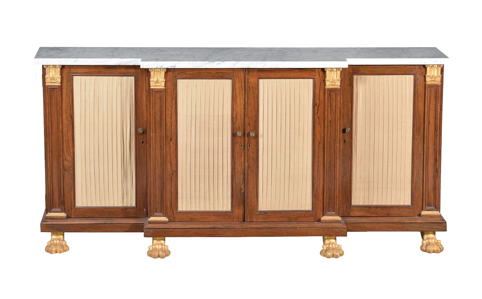 ϒ A rosewood, parcel gilt, and marble topped side cabinet
