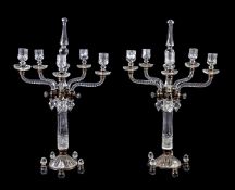 A pair of cut glass and silver plated metal mounted five light candelabra by F. & C. Osler