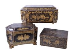 A Chinese export black and gilt lacquer sewing box and cover