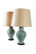 A pair of modern pottery celadon glazed table lamps