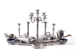 A collection of plated wares, including: an electro-plated Corinthian column candelabrum with five s