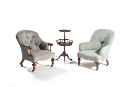 A Victorian beech and upholstered armchair, mid-19th century