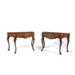 A near pair of North Italian walnut and olivewood serpentine side tables, mid 18th century