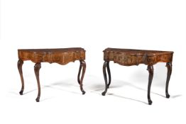 A near pair of North Italian walnut and olivewood serpentine side tables, mid 18th century