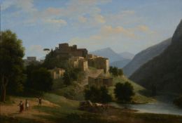 Jean-Victor Bertin (French 1767-1842)An Italianate mountainous river landscape with a hill-top town