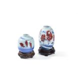 Two Chinese modern ovoid vases painted in blue and terracotta with birds in landscapes