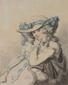 Thomas Rowlandson (British 1756-1827)Portrait of a lady in blue ribboned hat