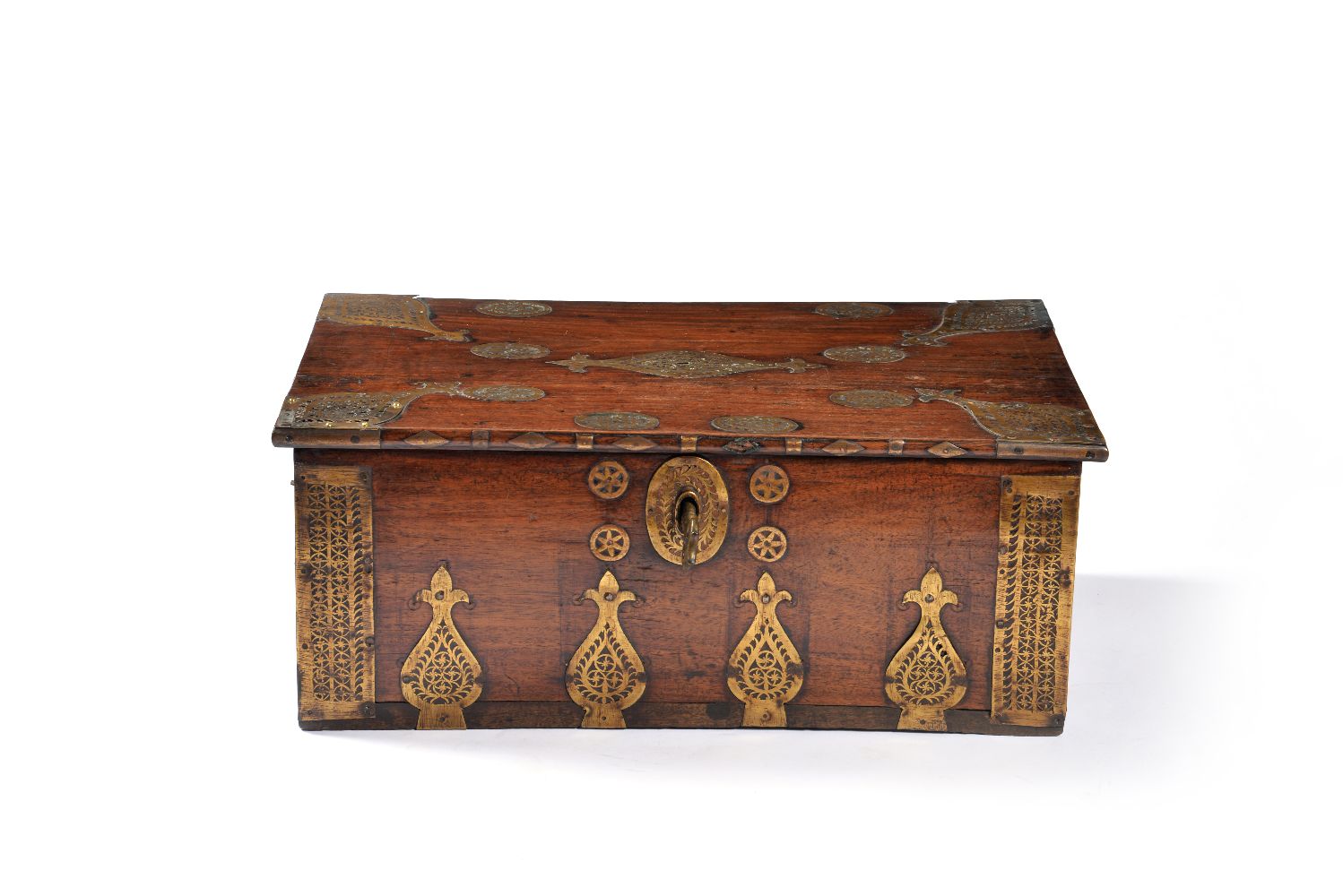 A hardwood and pierced brass mounted box, probably Indonesian