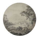 Attributed to Anthony Devis (British 1729-1817)Figures in a river landscape with village beyond