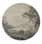Attributed to Anthony Devis (British 1729-1817)Figures in a river landscape with village beyond