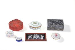 ϒ A Chinese cinnabar lacquer box, of cartouche form, early 20th century and other items