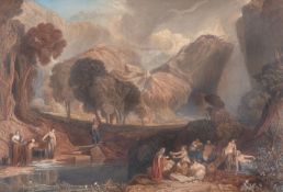 Attributed to Francis Oliver Finch (British 1802-1862)Classical landscape with figures bathing in a