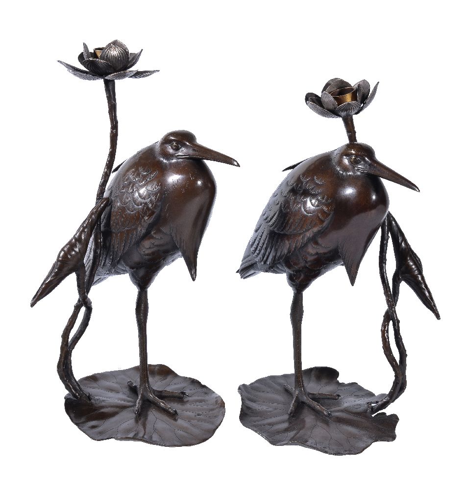 A Pair of Japanese Bronze Candle Holders
