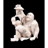 ϒ SEISHUN: A Japanese Ivory Okimono of a man falling backwards in surprise