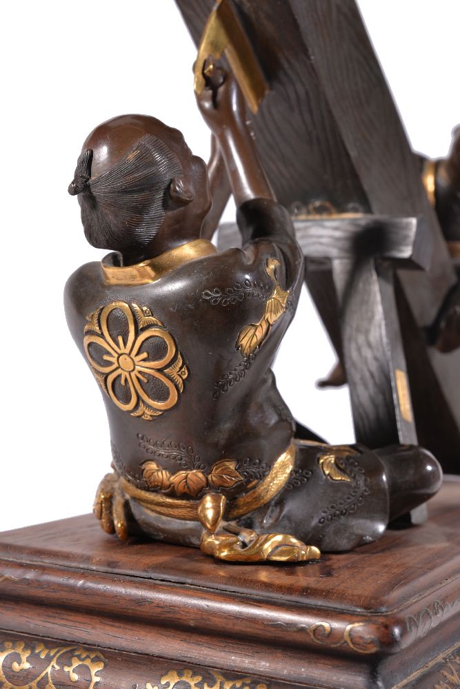 Miya-O Eisuke: A Japanese Parcel Gilt Bronze Group of a Carpenter and Boy - Image 6 of 7