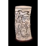 ϒ A good Japanese carved tusk vase depicting the poet Narihira with attendants