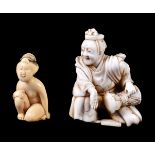 ϒ A Japanese Ivory Netsuke/Okimono carved as a musician wearing an eboshi