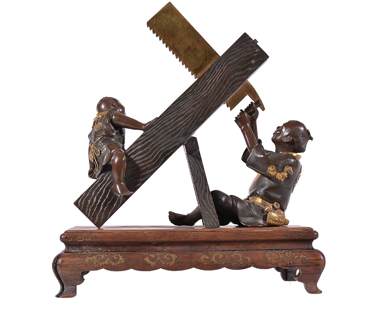 Miya-O Eisuke: A Japanese Parcel Gilt Bronze Group of a Carpenter and Boy - Image 7 of 7