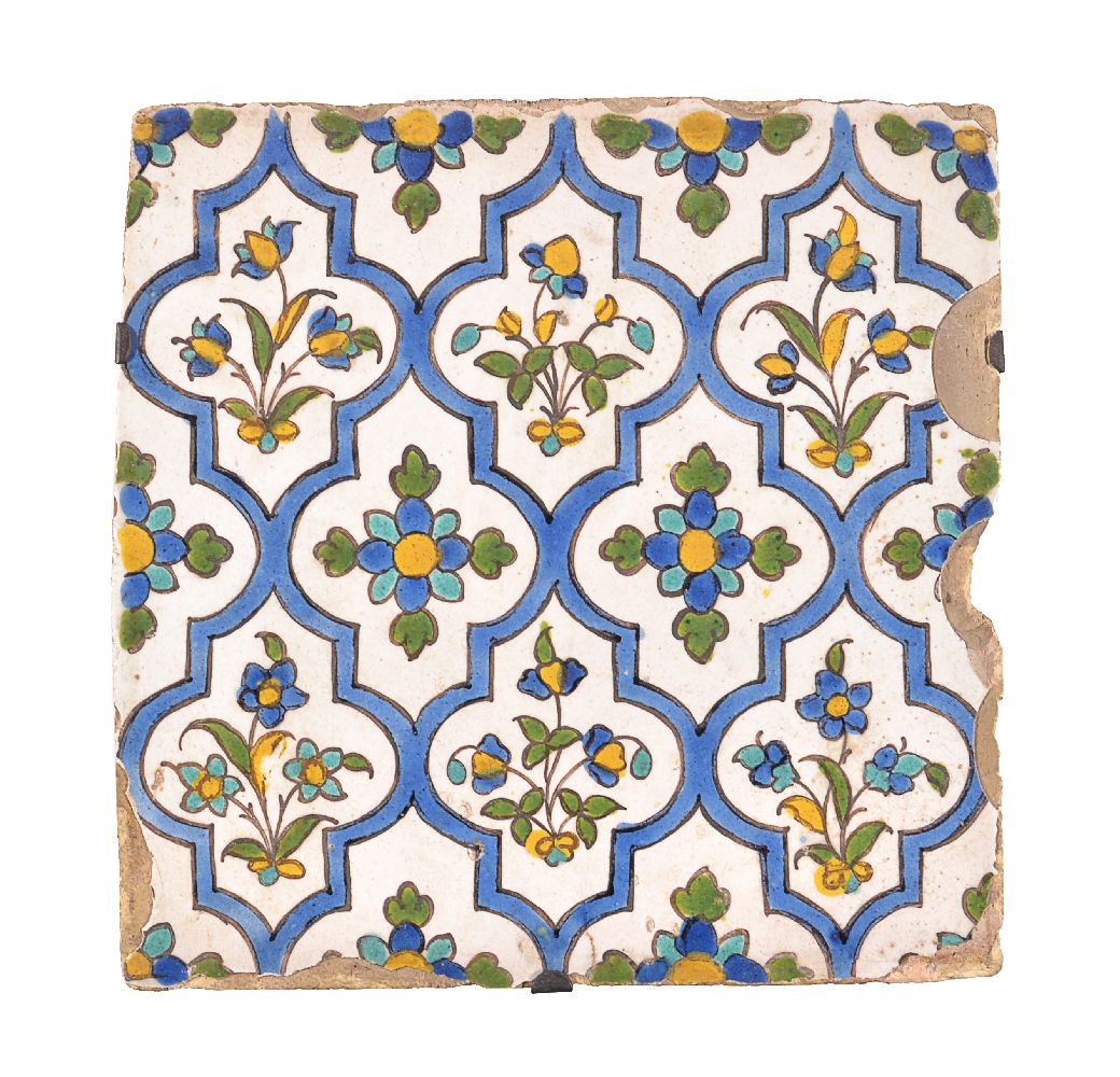 A Qajar Cuerda Seca glazed polychome glazed pottrey tile Persia probably circa 1800