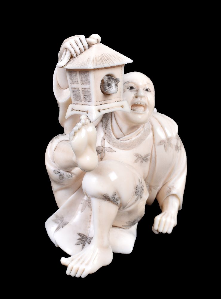 ϒ SEISHUN: A Japanese Ivory Okimono of a man falling backwards in surprise - Image 3 of 4