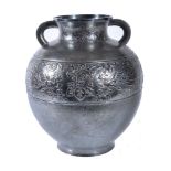 An unusual Japanese Silvered Metal Vase of globular form resting on a slightly splayed foot