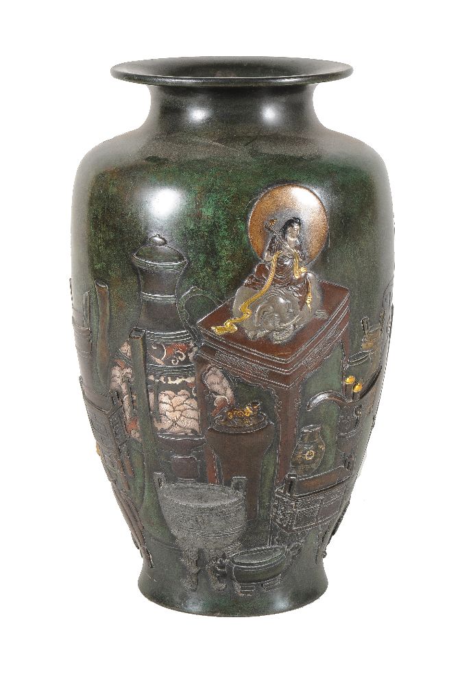 A Large Bronze Vase of tapered ovoid form rising to an everted mouth