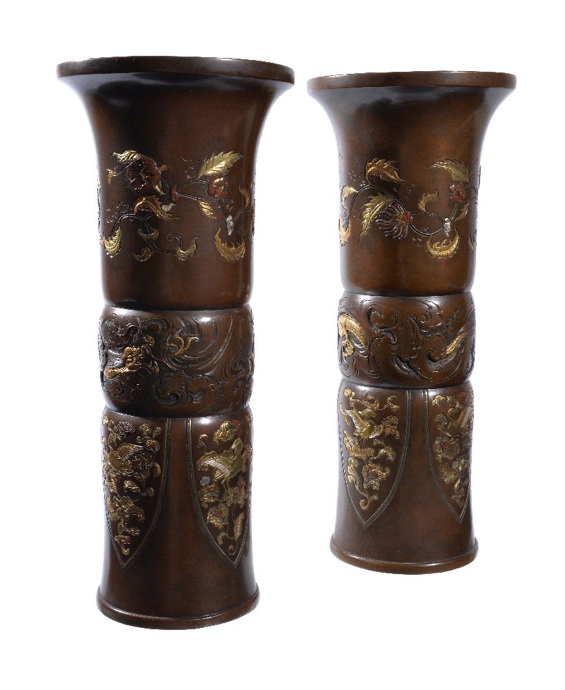 A Pair of Japanese Inlaid Bronze Vases - Image 2 of 5