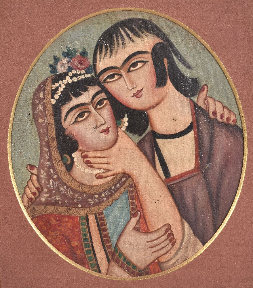 A pair of Qajar 19th century double portraits - Image 2 of 4