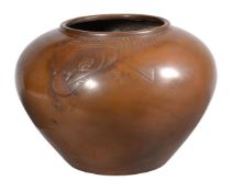 A Japanese Bronze Vase of simple compressed globular form cast in low relief with a single carp appe