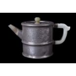 A Chinese Yixing pewter-encased bamboo-form teapot and cover