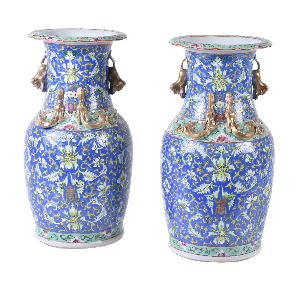 A pair of Cantonese blue-ground vases