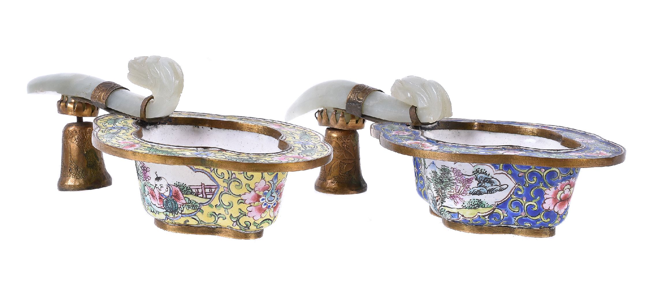 A pair of Chinese enamel jade and gilt-metal mounted cups - Image 2 of 5