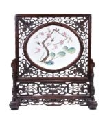 A Chinese 'Famille Rose' porcelain plaque table screen