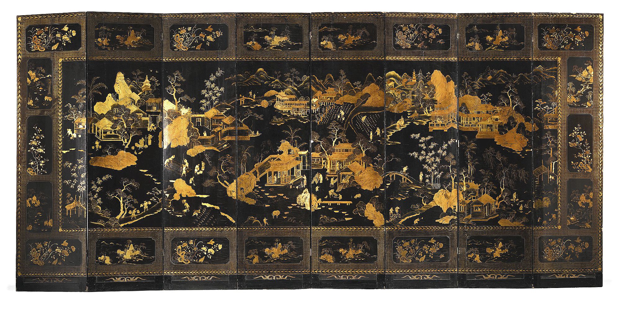 A large Chinese export eight-fold gilt lacquer screen